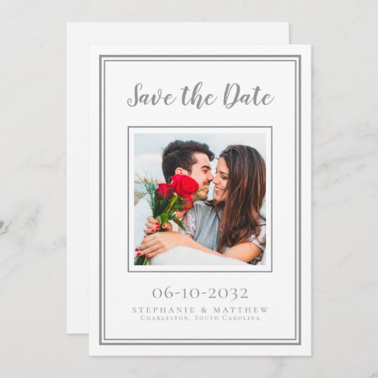Hochzeitliche Verlobung Couple Foto Modernes Weiß Save The Date (Vorne/Hinten)
