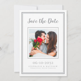 Hochzeitliche Verlobung Couple Foto Modernes Weiß Save The Date