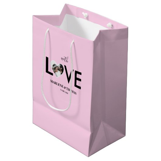 Hochzeitliche Verlobung - Foto - Rosa Herzrahmen Mittlere Geschenktüte (Vorderseite Schrägansicht)