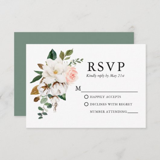 Hochzeitliche Wasserfarbe Magnolias Rose Grün RSVP Karte (Vorne/Hinten)