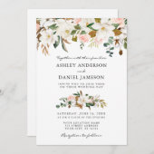 Hochzeitliche Wasserfarbe Magnolias Rose Grüne Einladung (Vorne/Hinten)