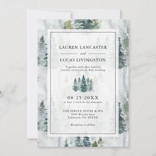 Hochzeitliche Wasserfarbe Rustikale Pinienbäume ti Einladung (Vorderseite)