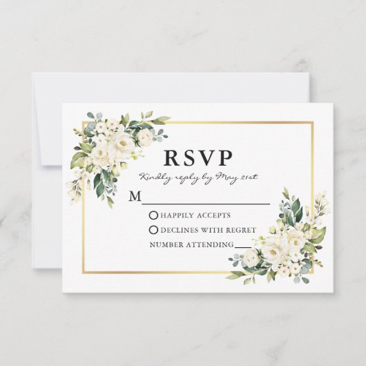 Hochzeitliche Wasserfarbe Weiße Blumengrün RSVP Karte (Vorderseite)