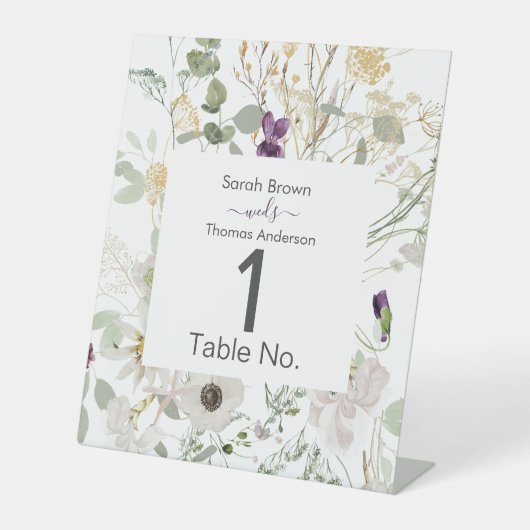 Hochzeitliche WILDBLUME GELB UND LILA Sockelschild (Vorderseite)