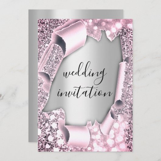 Hochzeitlicher 3D-Effekt Eleganter rosa Silberner Einladung (Vorne/Hinten)
