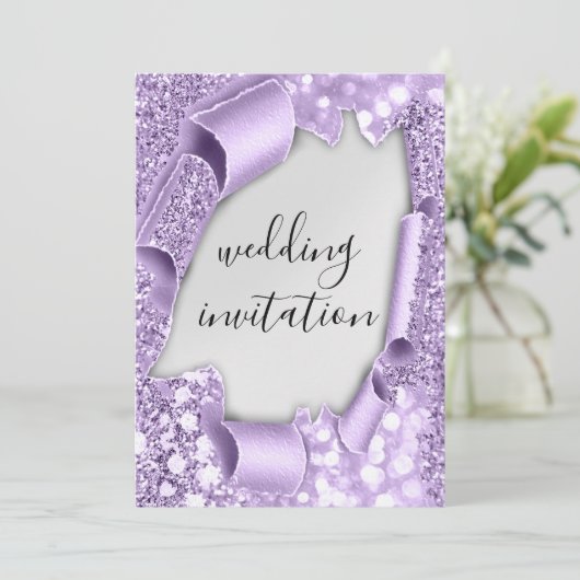 Hochzeitlicher 3D-Effekt Eleganter Violett Silbern Einladung (Stehend Vorderseite)