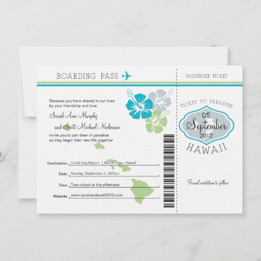 Hochzeitlicher Boarding nach Hawaii Save The Date (Vorderseite)