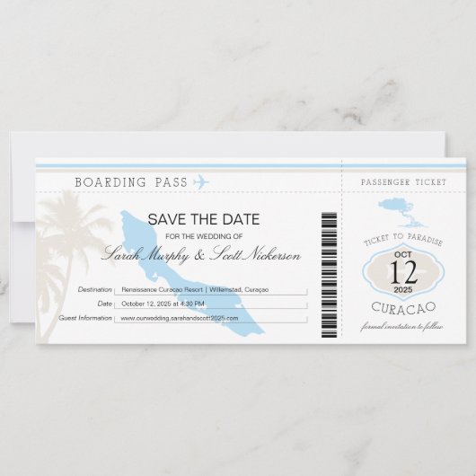 Hochzeitlicher Boarding Pass auf Curacao Save The Date (Vorderseite)