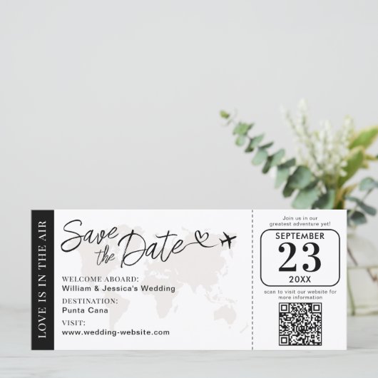 Hochzeitlicher Boarding Save the Date mit QR-Code (Stehend Vorderseite)