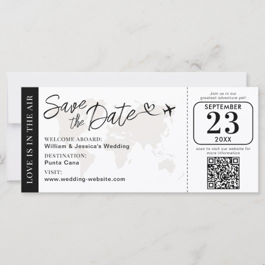 Hochzeitlicher Boarding Save the Date mit QR-Code (Vorderseite)