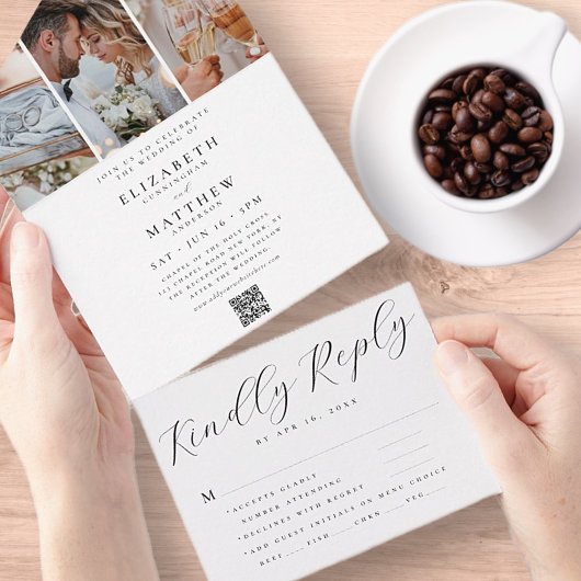 Hochzeitlicher Chic QR Code Drei Fotos All In One Einladung