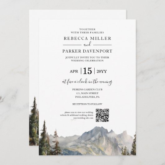 Hochzeitlicher QR-Code am Bergsee Einladung (Vorne/Hinten)