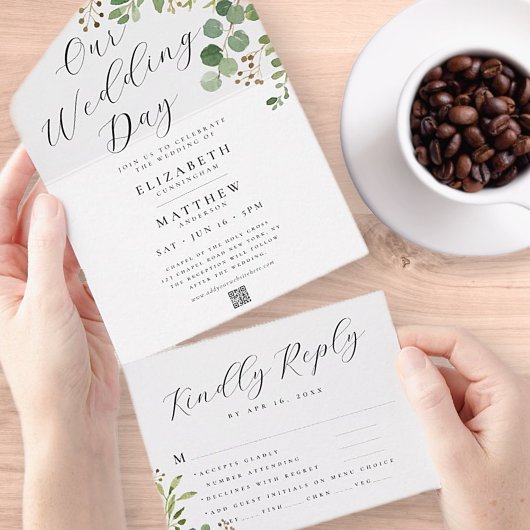 Hochzeitlicher QR-Code für moderne Aquarellfarben All In One Einladung