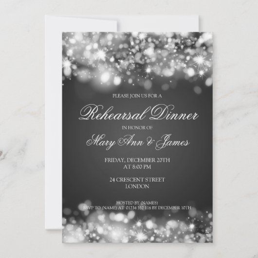 Hochzeitliches Abendessen mit glühender Probe Silb Einladung (Vorderseite)