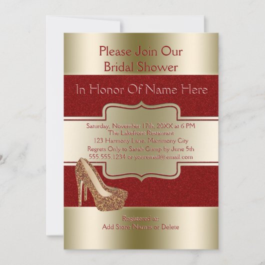 Hochzeitliches Brautparty| Red Gold Glitzer Shoes Einladung (Vorderseite)
