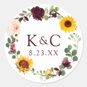 Hochzeitliches Brautparty Sonnenblumen Rose Burgun Runder Aufkleber (Vorderseite)