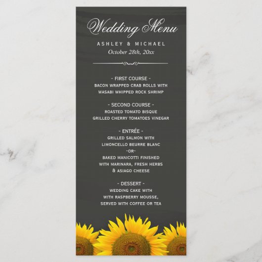 Hochzeitliches Dinner Menü Rustikale Sonnenblumen Menükarte (Vorderseite)