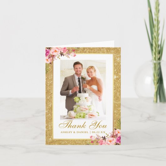 Hochzeitliches Foto Gold Glitzer Rosa Blütennote Dankeskarte (Vorderseite)