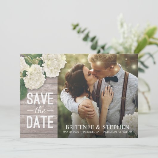 Hochzeitliches Foto Save the Date Hydrangeas Light (Stehend Vorderseite)