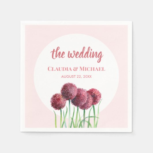 Hochzeitliches Lila Rosa Alliums Blume Wasserfarbe Serviette (Vorderseite)