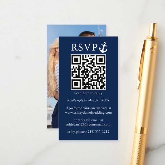Hochzeitliches Navy Blue Anchor QR UAWG Foto Begleitkarte (Vorderseite/Rückseite Beispiel)