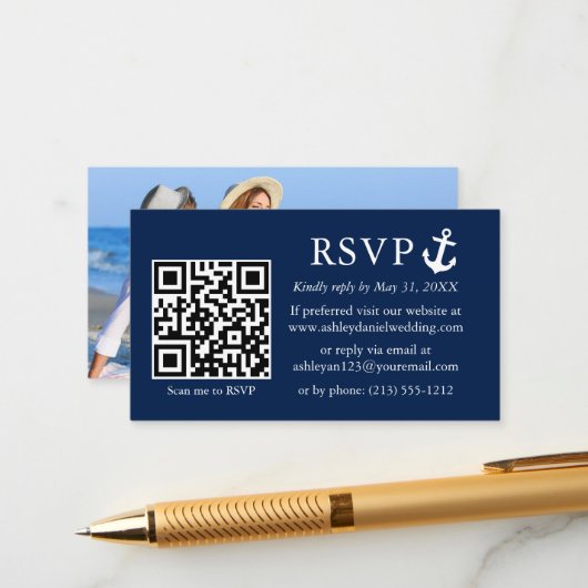 Hochzeitliches Navy Blue Anchor UAWG QR Foto Begleitkarte (Vorderseite/Rückseite Beispiel)
