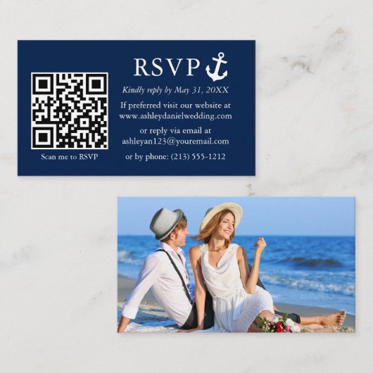 Hochzeitliches Navy Blue Anchor UAWG QR Foto Begleitkarte (Vorne/Hinten)