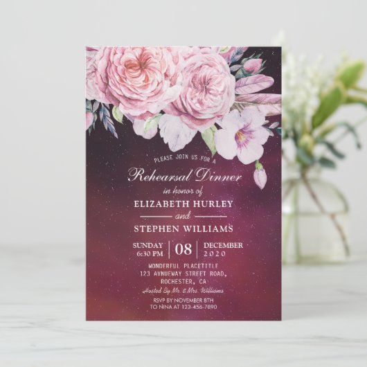 Hochzeitliches Probe-Dinner Boho Lila Lichter Einladung (Stehend Vorderseite)