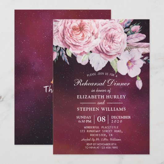 Hochzeitliches Probe-Dinner Boho Lila Lichter Einladung (Vorne/Hinten)