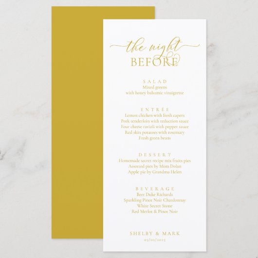 Hochzeitliches Probe-Dinner, romantisches Gelb Menükarte (Vorne/Hinten)
