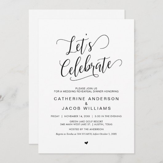 Hochzeitliches Probe-Dinner, schlichtes Schwarz, Einladung (Vorne/Hinten)