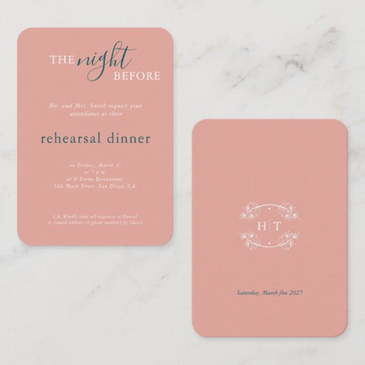 Hochzeitliches Rosa Monogram Probe Dinner Begleitkarte (Vorne/Hinten)