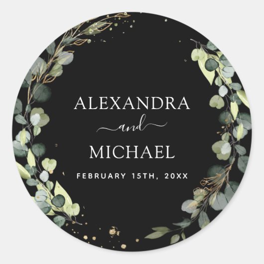 Hochzeitliches Siegel Eukalyptus Schwarzer Grüner  Runder Aufkleber (Vorderseite)