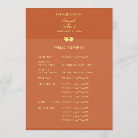 Hochzeitliches Terracotta Gold Flat Program Programm (Vorderseite)