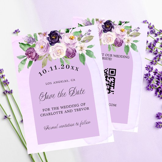 Hochzeitliches Violett - QR-Budget Save the Date Flyer