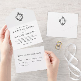Hochzeitliches Wappen Schwarz-Weiß-Vintag-Monogram All In One Einladung