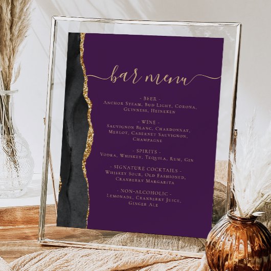 Hochzeitmenü Bar Black Gold Agate Lila Poster