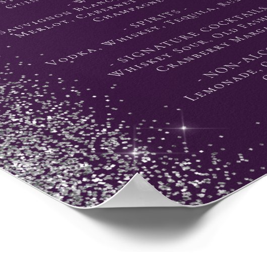 Hochzeitmenü Bar Dark Lila Silver Glitzer Poster (Ecke)