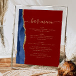 Hochzeitmenü Bar Navy Blue Gold Agate Burgundy Poster<br><div class="desc">Ein elegantes Zeichen für Ihr Hochzeitsmenü. Die Wörter "Bar menu" werden in goldfarbener Handschriftenkalligrafie mit Swashes am Anfang und Ende angezeigt, darunter mit anpassbarem Text. Ein marineblaues Aquarelldesign mit vergoldeten Imitaten Glitzer schmückt den links Rahmen auf einem bordeauxroten Hintergrund. In unserer Kollektion finden Sie die passende Hochzeitseinladung und das Tagesgeschäft....</div>