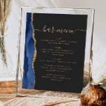 Hochzeitmenü Bar Navy Blue Gold Agate Dark Poster<br><div class="desc">Ein elegantes Zeichen für Ihr Hochzeitsmenü. Die Wörter "Bar menu" werden in goldfarbener Handschriftenkalligrafie mit Swashes am Anfang und Ende angezeigt, darunter mit anpassbarem Text. Ein marineblaues Aquarelldesign bestickt mit goldenen Imitaten Glitzer schmückt die links Grenze auf einem schwarzen Tonschiefer. In unserer Kollektion finden Sie die passende Hochzeitseinladung und das...</div>