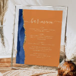 Hochzeitmenü Bar Navy Blue Gold Agate Rust Poster<br><div class="desc">Ein elegantes Zeichen für Ihr Hochzeitsmenü. Die Wörter "Bar menu" werden in goldfarbener Handschriftenkalligrafie mit Swashes am Anfang und Ende angezeigt, darunter mit anpassbarem Text. Ein marineblaues Aquarelldesign mit vergoldeten Imitaten Glitzer schmückt den verlassen Rand auf einem verbrannten Orange- oder Rosthintergrund. In unserer Kollektion finden Sie die passende Hochzeitseinladung und...</div>