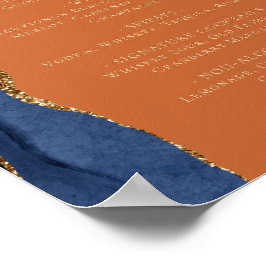Hochzeitmenü Bar Navy Blue Gold Agate Rust Poster (Ecke)