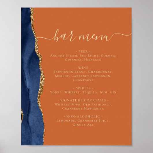 Hochzeitmenü Bar Navy Blue Gold Agate Rust Poster (Vorne)