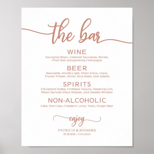 Hochzeitmenü Bar-Rose signieren Gold-Kalligrafie Poster (Vorne)