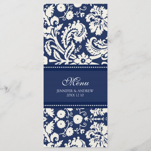 Hochzeitmenü Blue Floral Damask Menükarte (Rückseite)