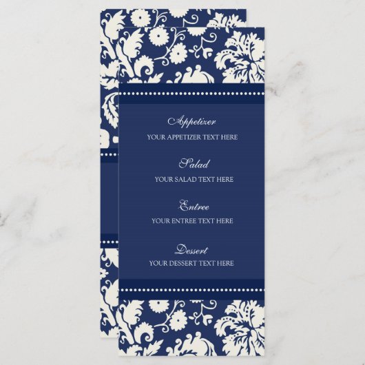 Hochzeitmenü Blue Floral Damask Menükarte (Vorne/Hinten)