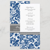 Hochzeitmenü Grau blaues Damask Muster Menükarte (Vorne/Hinten)