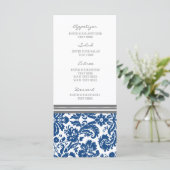 Hochzeitmenü Grau blaues Damask Muster Menükarte (Stehend Vorderseite)
