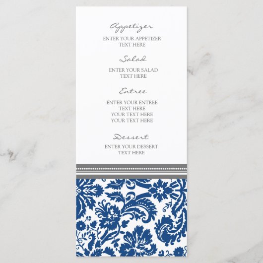 Hochzeitmenü Grau blaues Damask Muster Menükarte (Vorderseite)