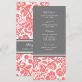 Hochzeitmenü Grau Coral Damask Muster Menükarte (Vorne/Hinten)